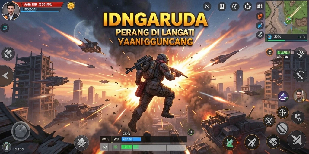 Tangkapan layar gameplay IDNGARUDA dengan pertempuran udara yang dramatis.