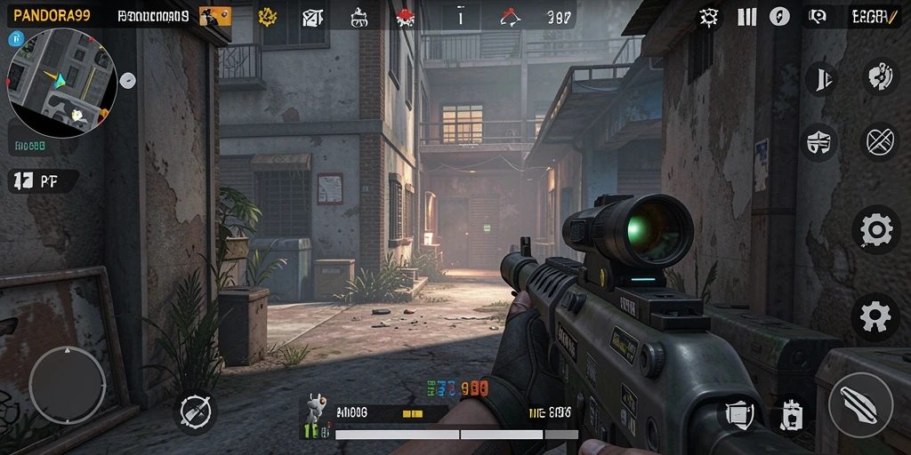 Screenshot gameplay PANDORA99 menunjukkan aksi tembak-menembak yang mendebarkan.