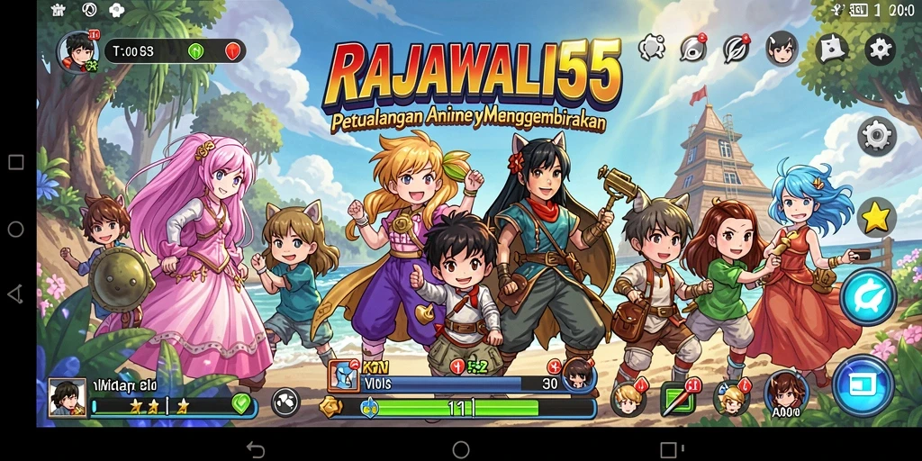 Screenshot gameplay RAJAWALI55 yang penuh aksi dan warna-warni anime.