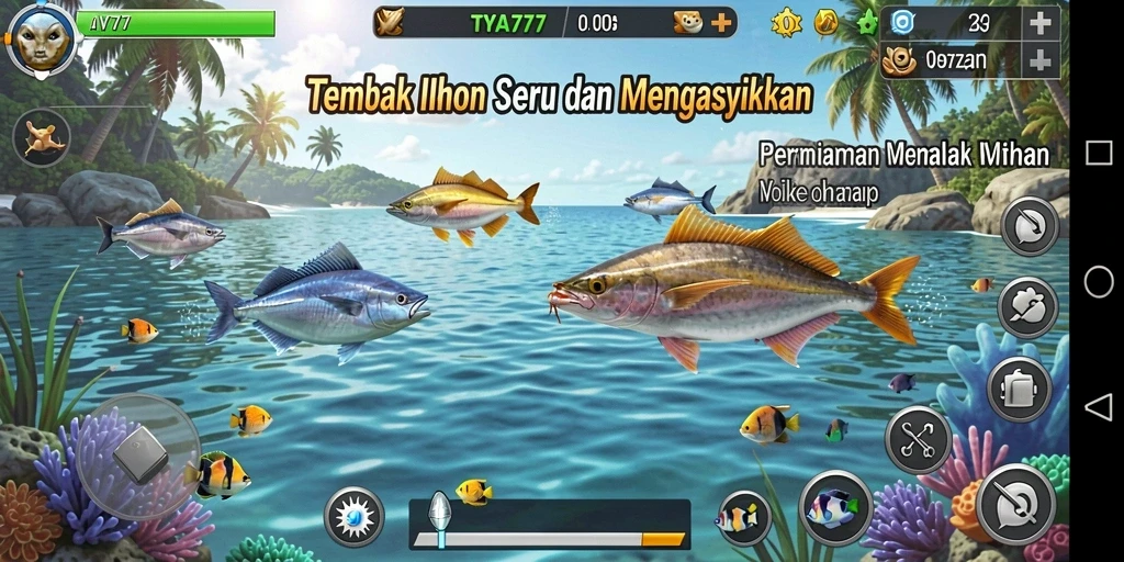 Screenshot gameplay TYA777 menampilkan aksi seru menembak ikan.